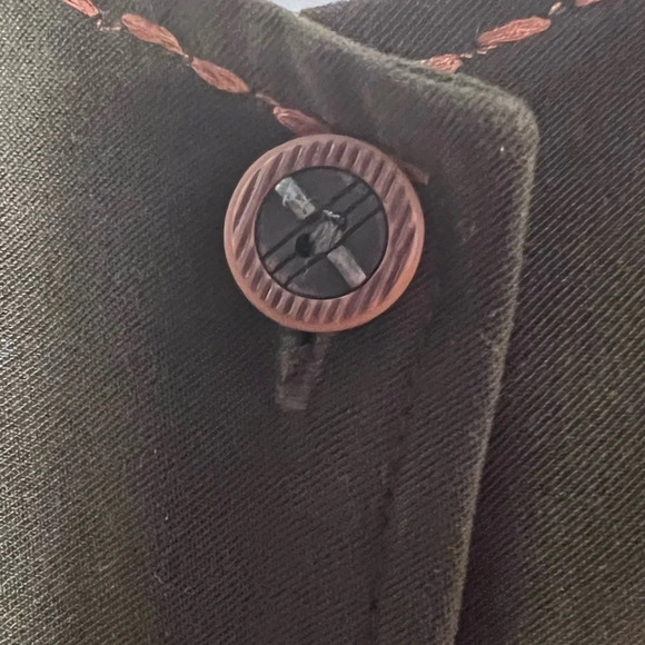 Erika,1X, embroidered beaded sleeveless, olive,crushed velvet button front maxi - Picture 7 of 8